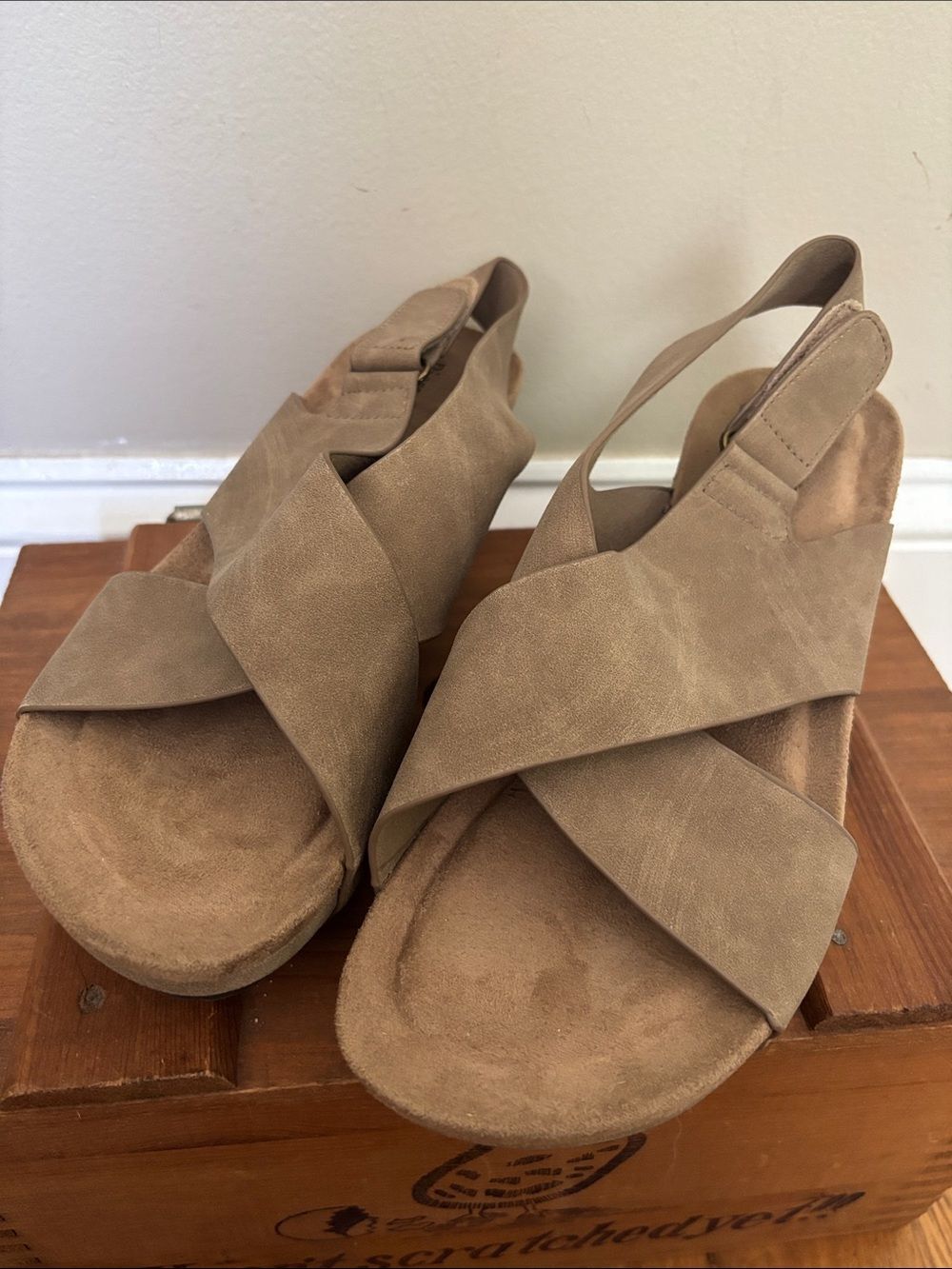 Pierre Dumas Taupe Crisscross Slingback Wedge Sandals size 9